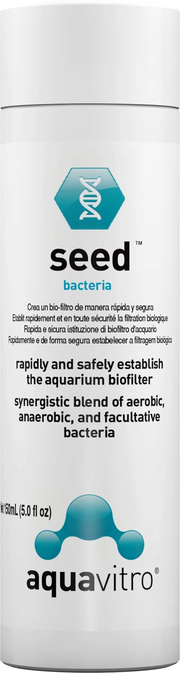 Seachem Aquavitro Seed bottle label shows branding and product details for safer aquarium setup