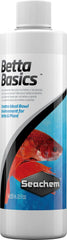 Seachem Betta Basics bottle front for easy dosing in freshwater tanks.