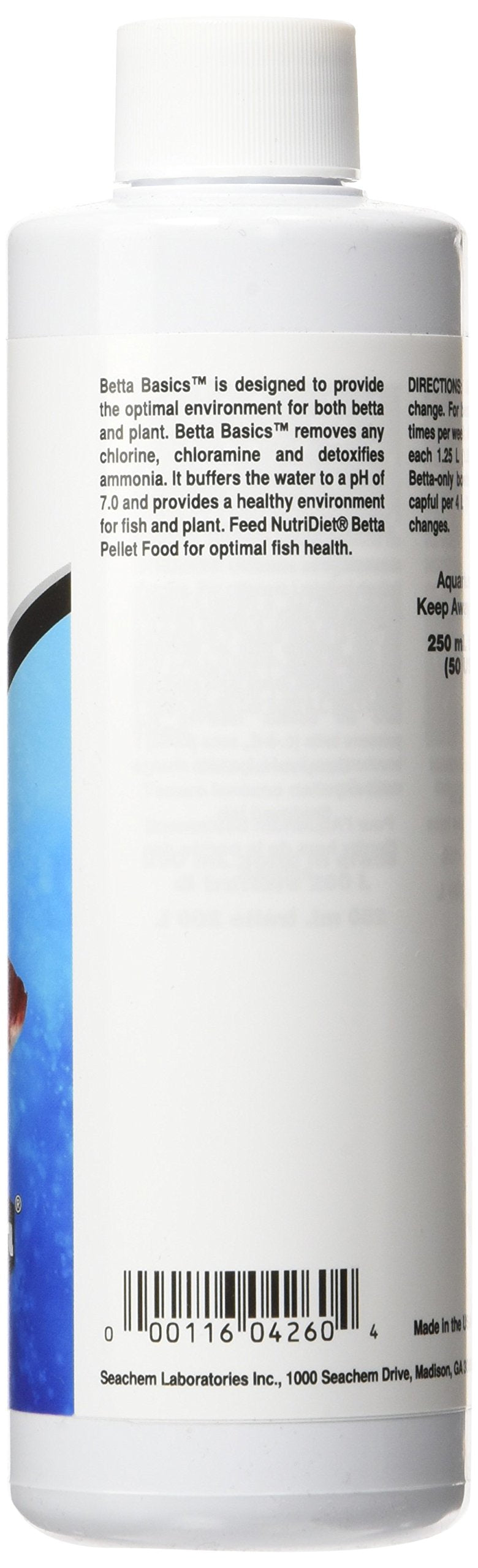 Seachem Betta Basics bottle label close-up highlighting key benefits.