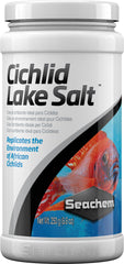 Seachem Cichlid Lake Salt label highlights essential minerals for stable cichlid health.