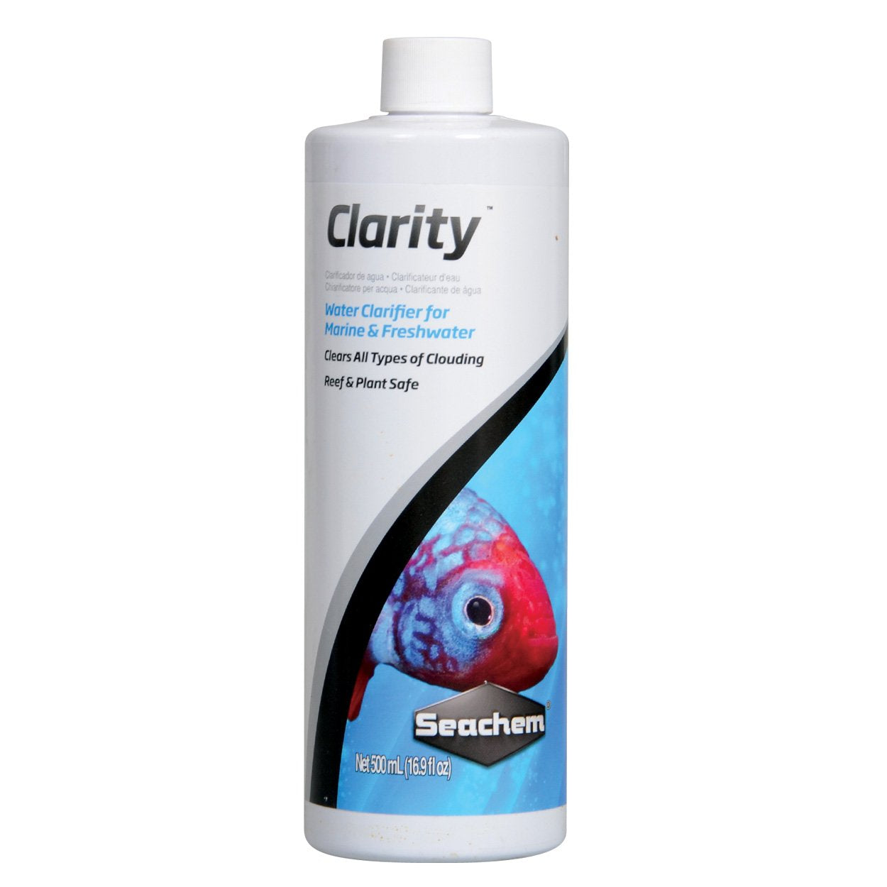 Seachem Clarity 500ml bottle pouring to clarify marine and freshwater aquariums