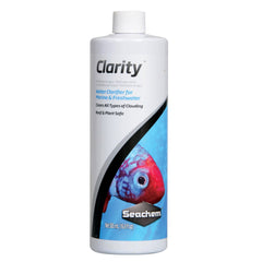 Seachem Clarity 500ml bottle pouring to clarify marine and freshwater aquariums