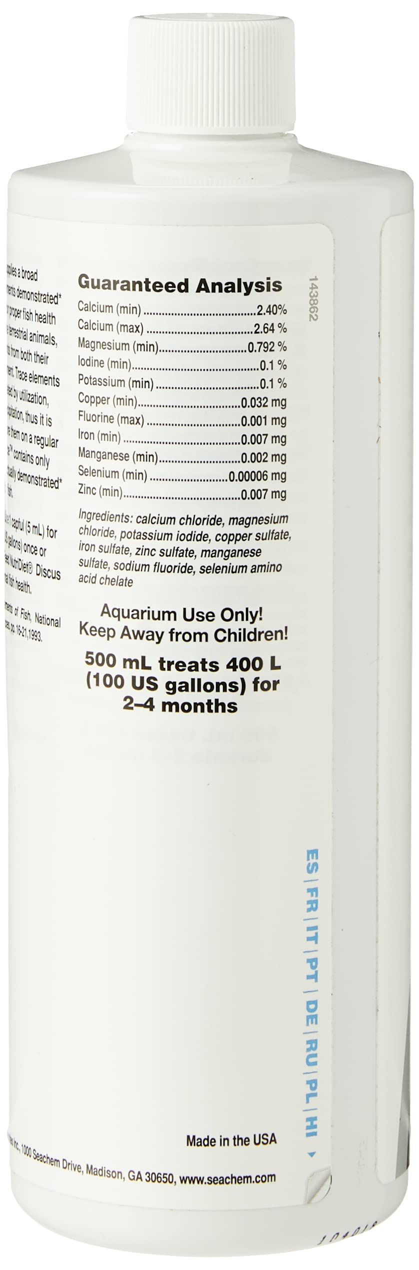 Seachem Discus Trace in aquarium demonstrates salt-free mineral balance.