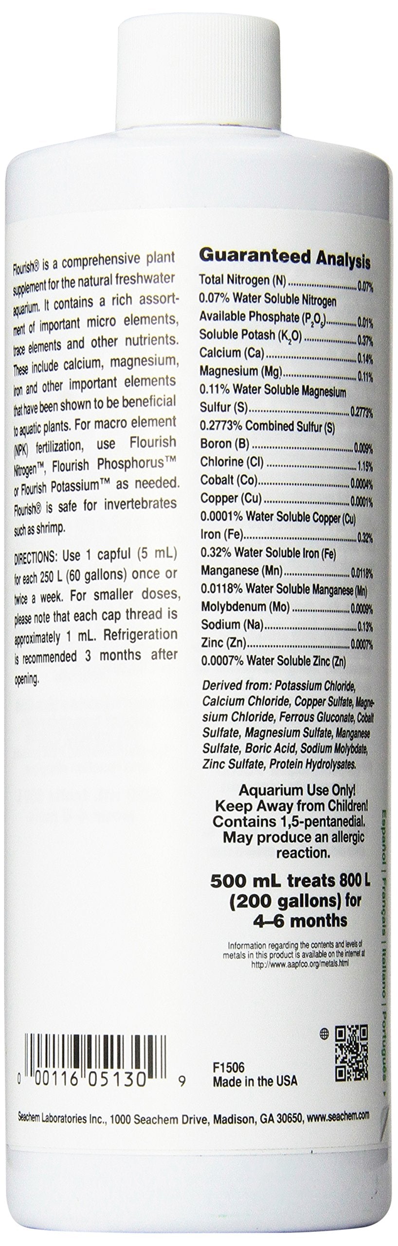 Seachem Flourish bottle label close-up highlighting minerals and trace elements