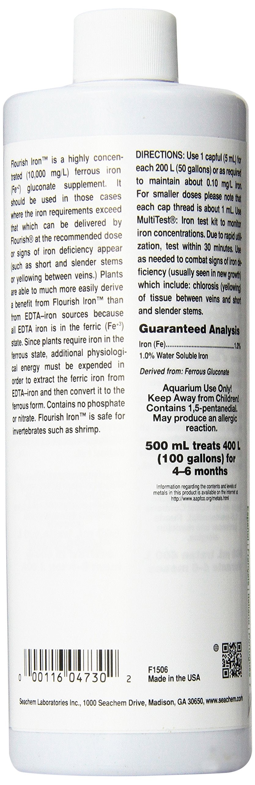 Seachem Flourish Iron label close-up highlighting concentrated iron supplement