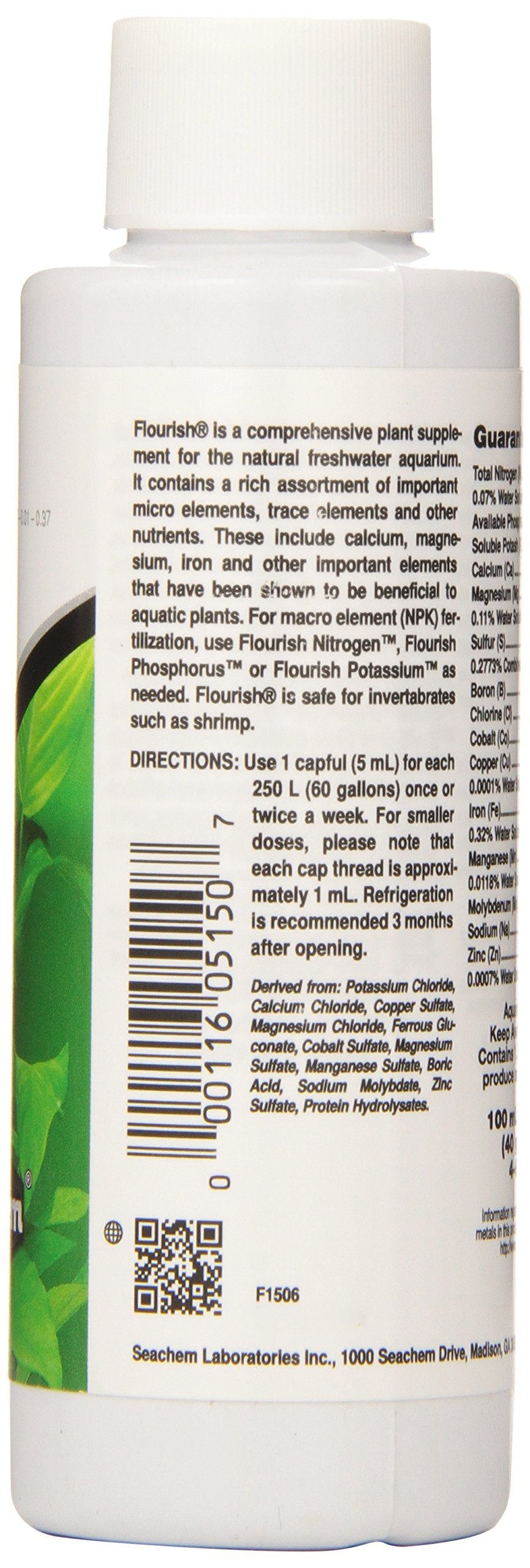 Seachem Flourish label closeup highlights micro-elements supporting plant health.