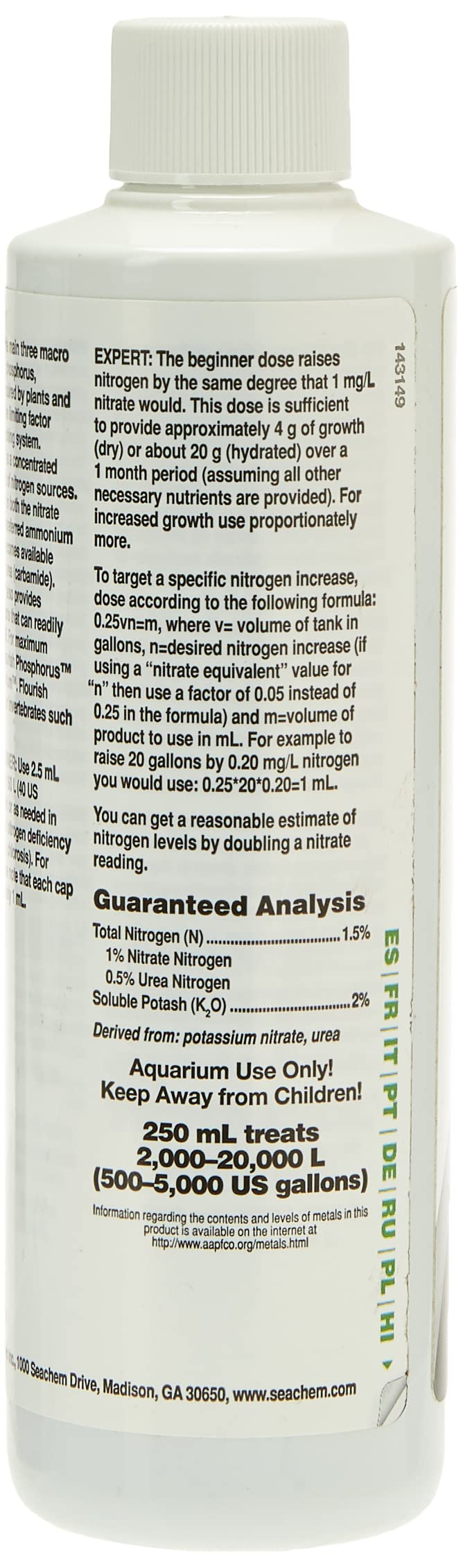 Seachem Flourish Nitrogen 250ml label highlights product benefits for plant growth.