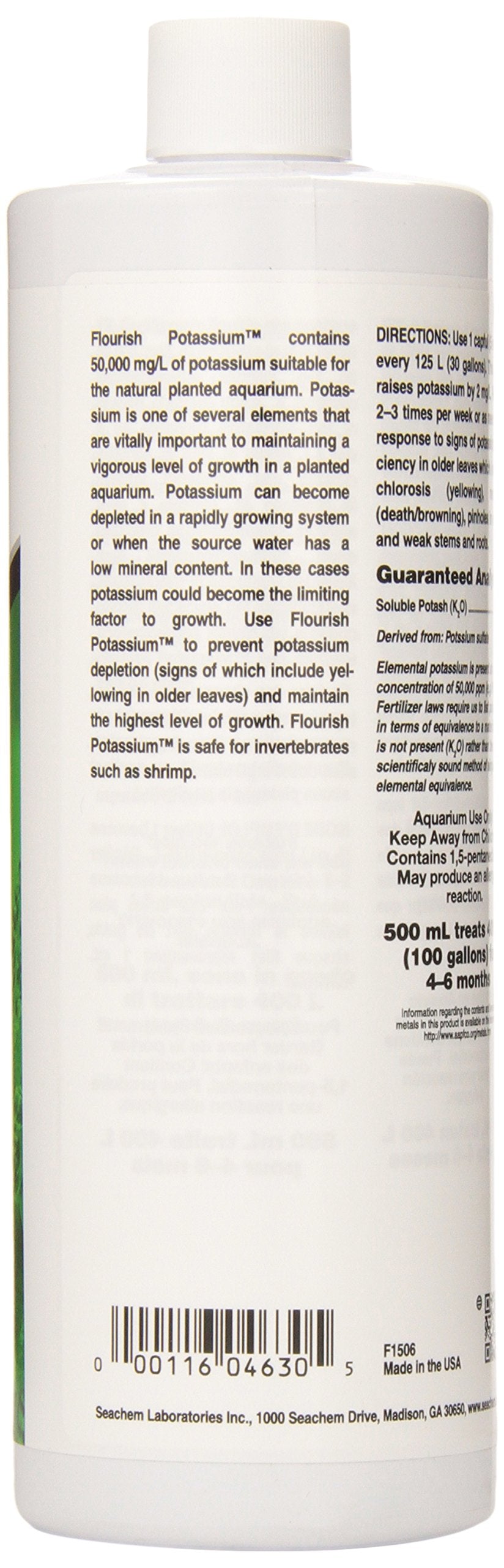 Seachem Flourish Potassium bottle back view shows label details for dosing.