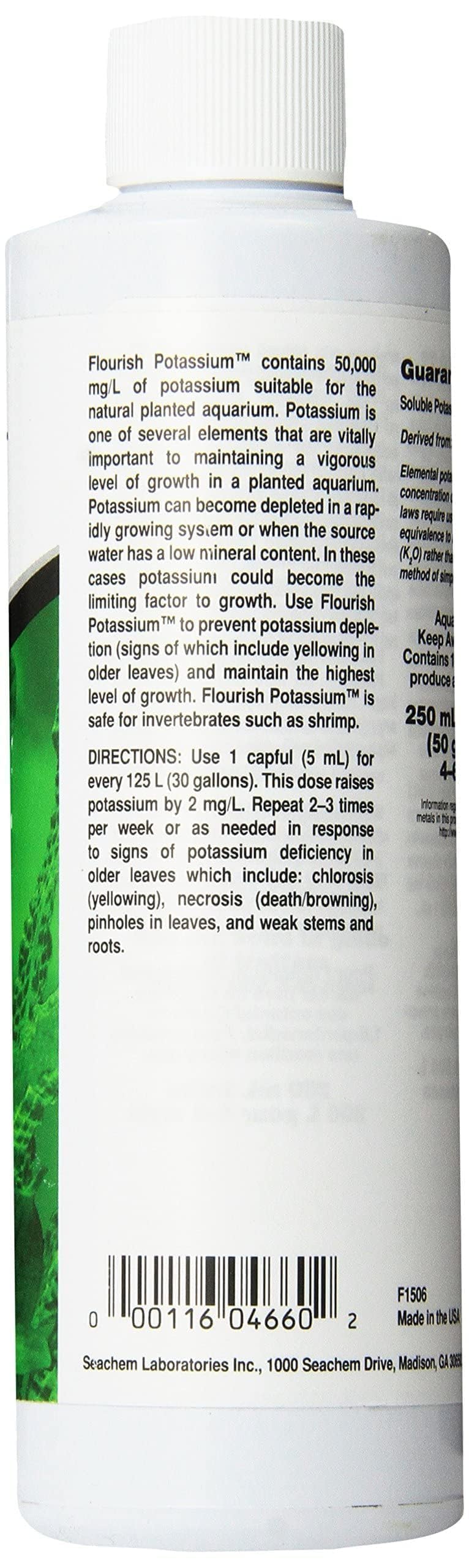 Seachem Flourish Potassium label detail highlights product benefits for planted tanks.