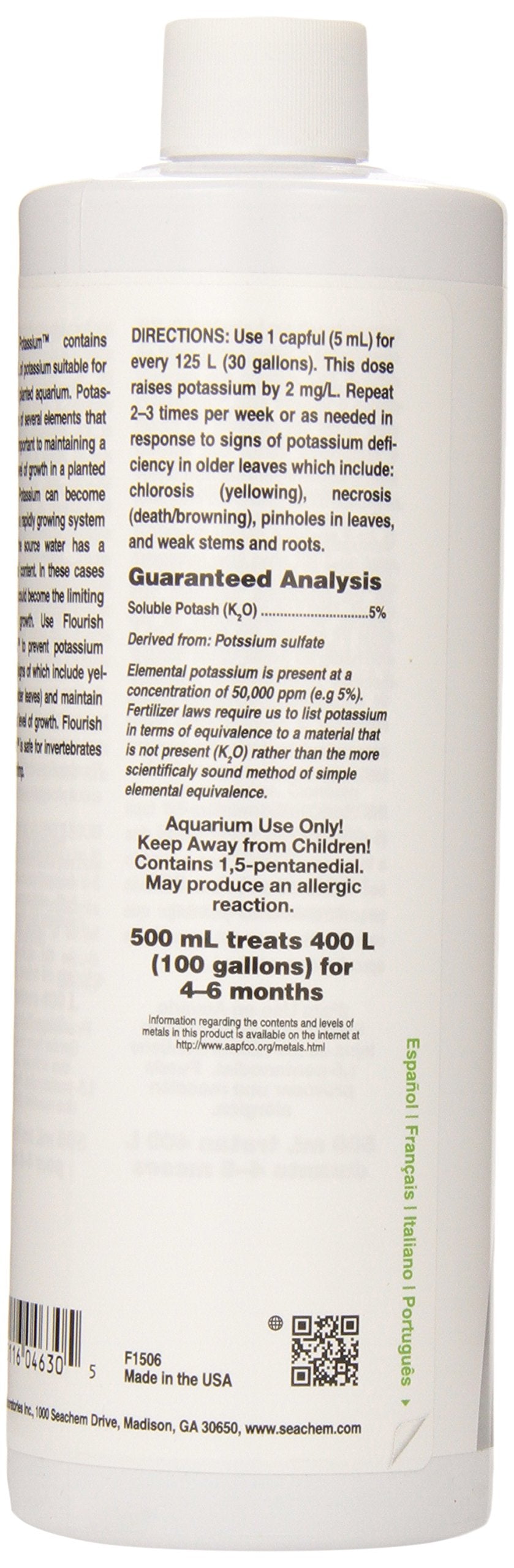Seachem Flourish Potassium label close-up highlights content and usage guidance.