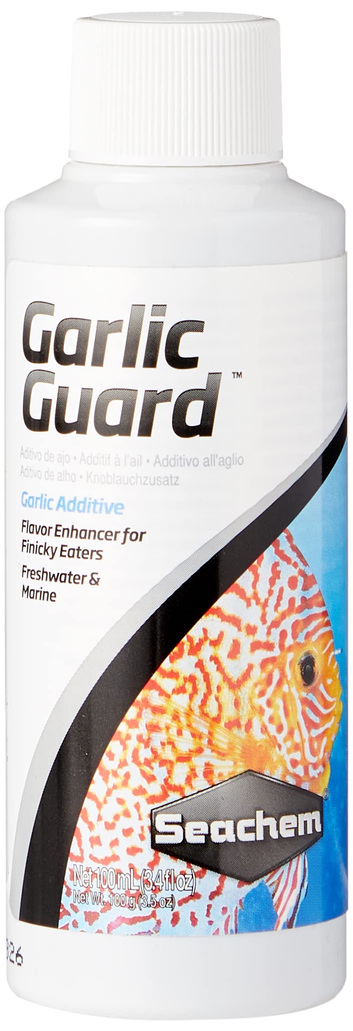 Seachem Garlic Guard fish food bottle showing garlic-enhanced formula for better feeding.