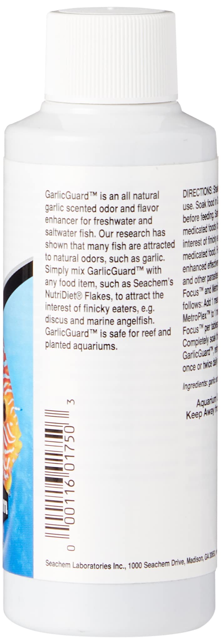 Seachem Garlic Guard fish food being dispensed highlights easy feeding in aquariums.