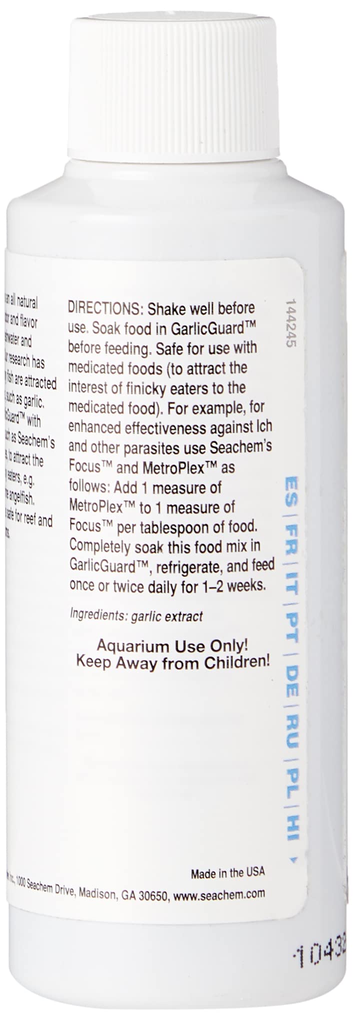 Seachem Garlic Guard label close-up emphasizes reef-safe, all-natural garlic flavor enhancer.