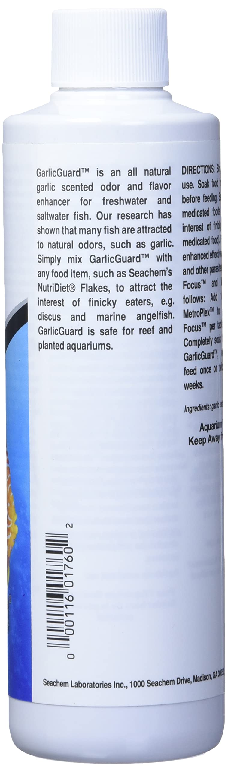 Seachem GarlicGuard label closeup showing vitamin C content for fish wellbeing