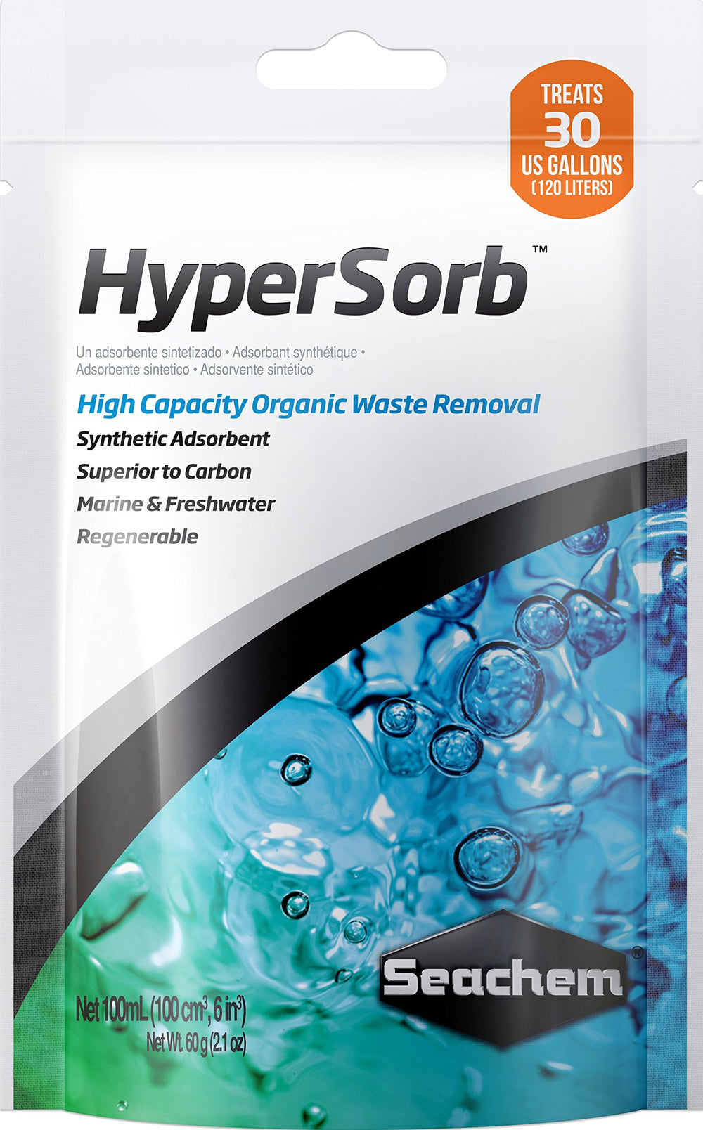 Seachem Hypersorb 100ml packaging visual highlighting premium adsorbent for water treatment