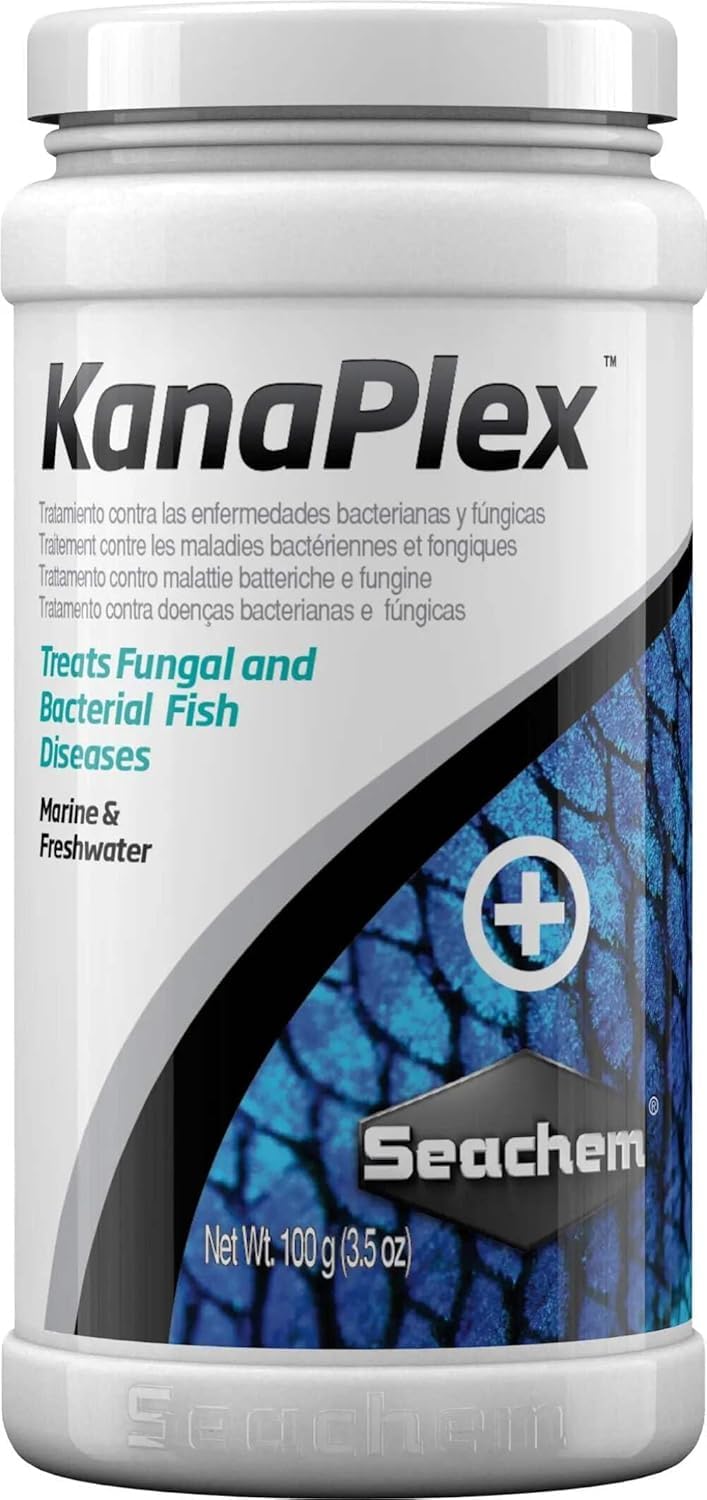 Seachem KanaPlex bottle—kanamycin-based treatment for fungal and bacterial fish diseases, including internal infections.