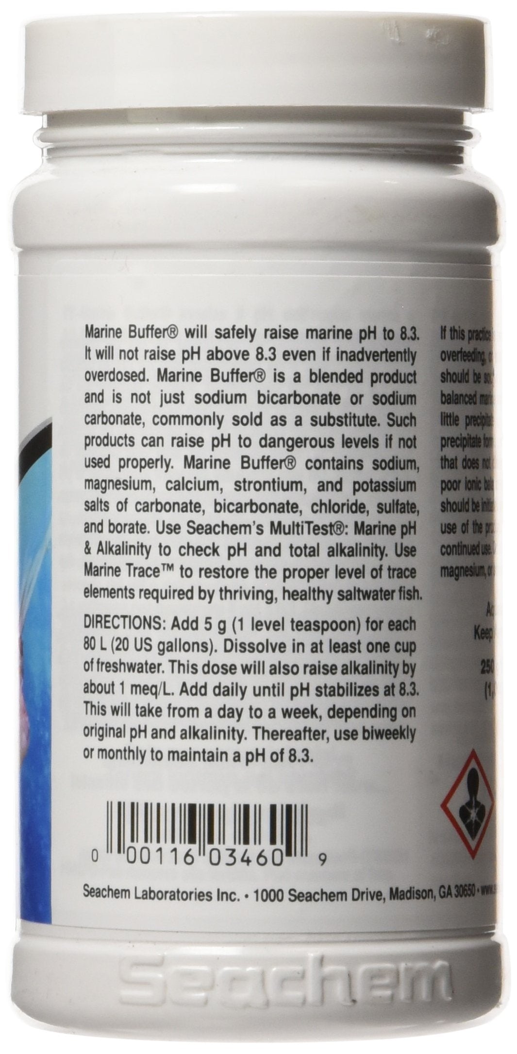 Seachem Marine Buffer label closeup; accurate formula helps maintain pH balance.