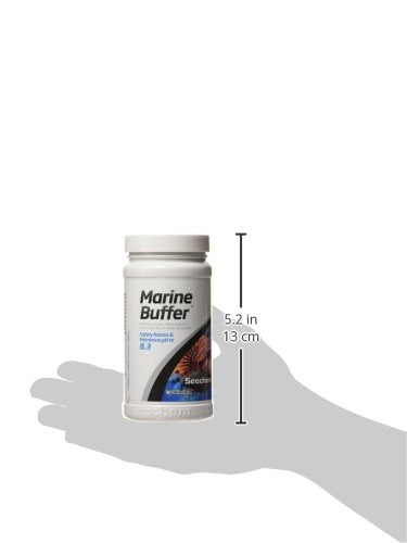 Seachem Marine Buffer packaging shot; clear dosing guidance supports reef hobbyists.