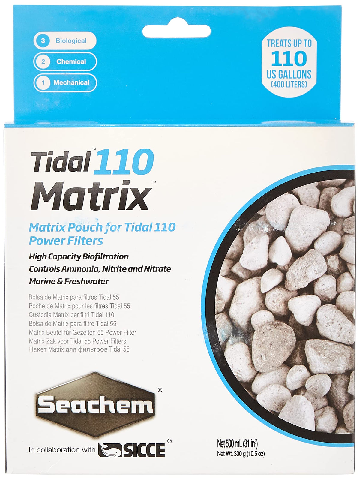 Seachem Matrix high-capacity biofilter porous surface supports beneficial bacteria for filtration.