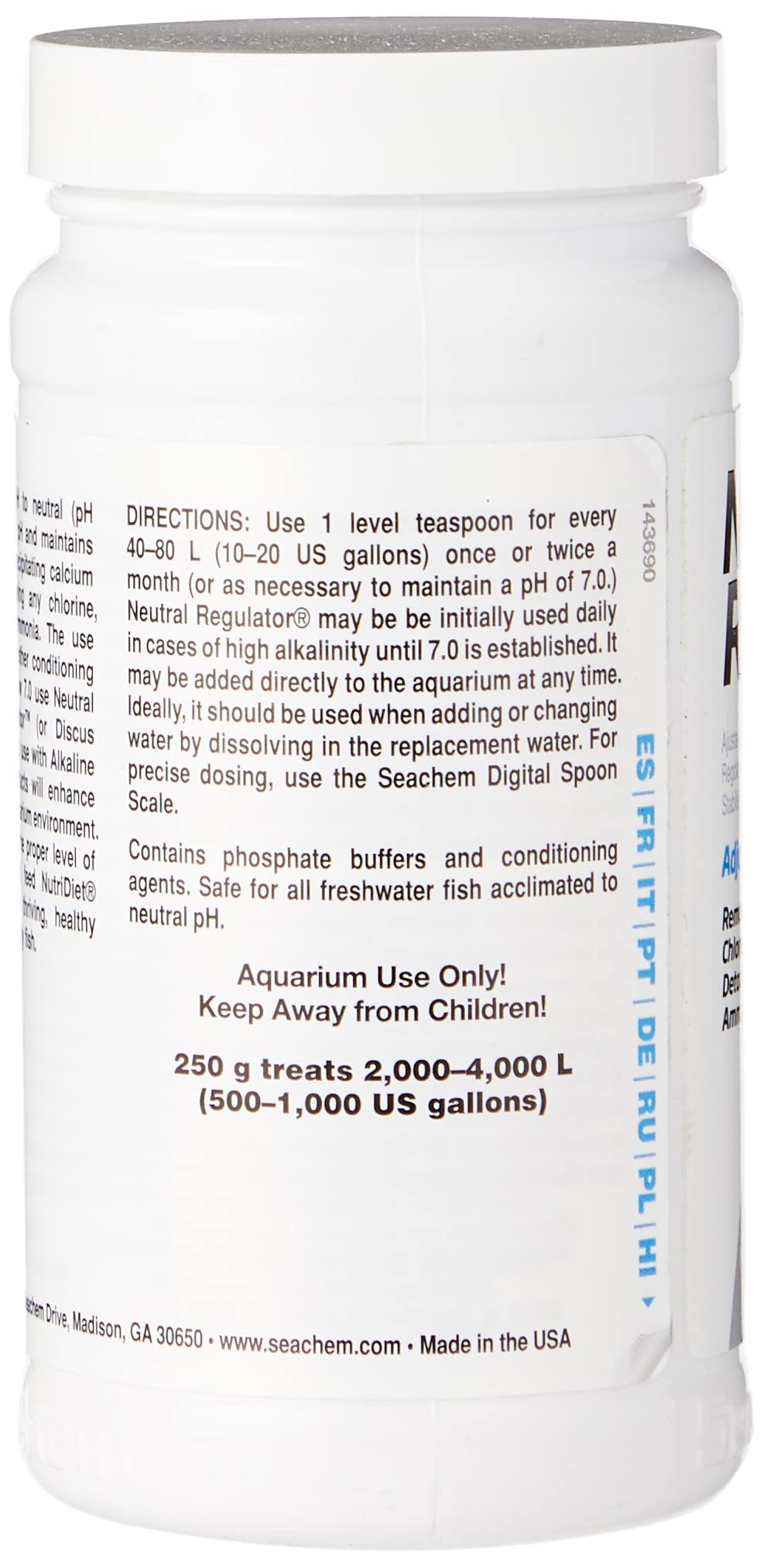 Seachem Neutral Regulator 250g pour cap demonstrates easy dosing for pH stability
