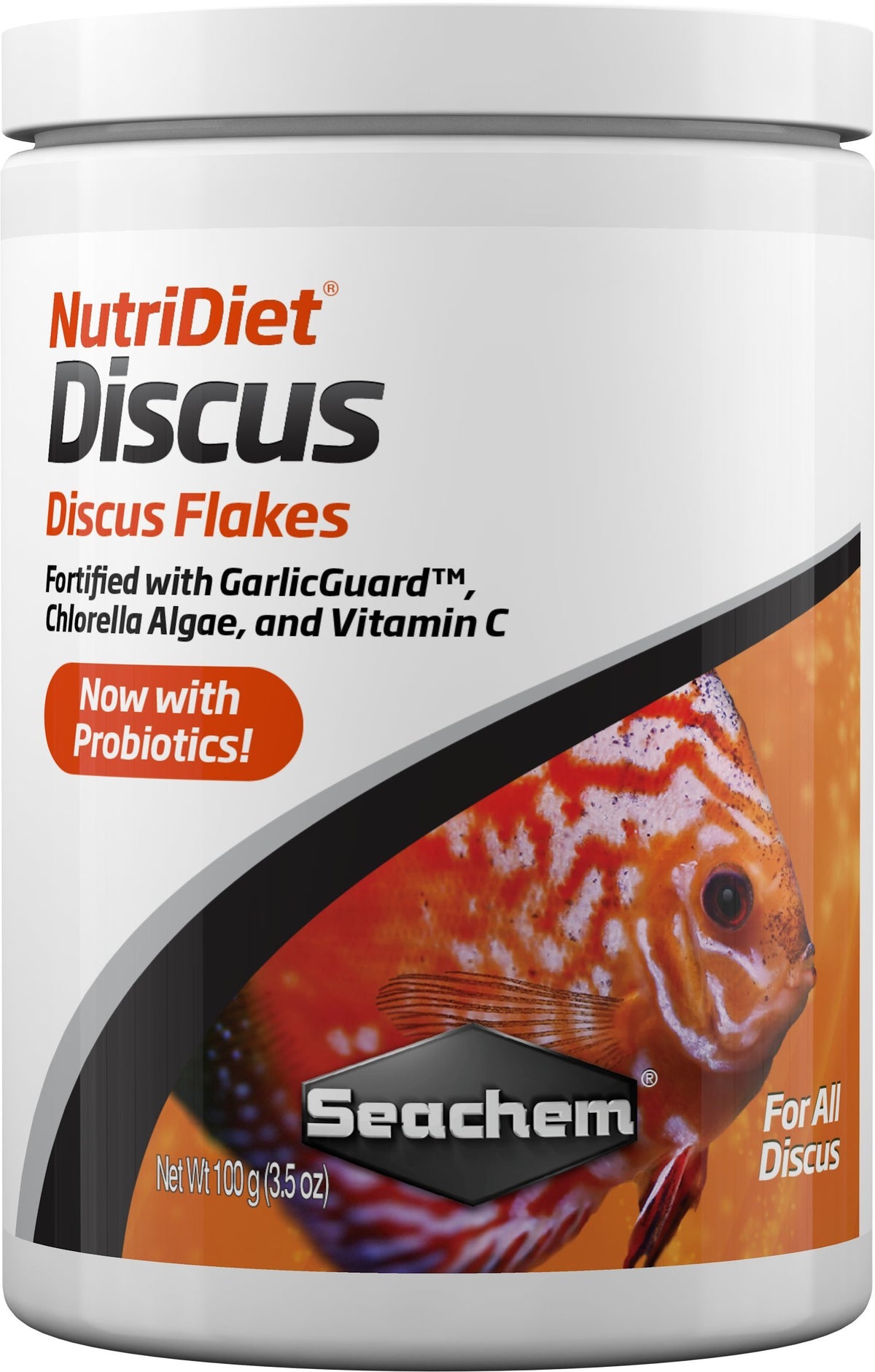 Seachem NutriDiet Discus Flakes packaging highlighting premium balanced discus food.
