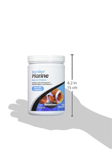 Seachem Nutridiet Marine Flakes serving bowl suggests easy feeding and probiotic support.