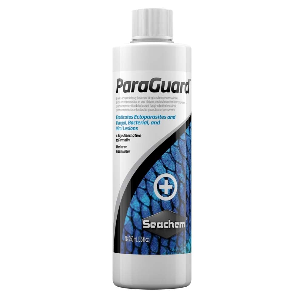 Seachem ParaGuard bottle showing fish-safe parasite control for freshwater and marine tanks.