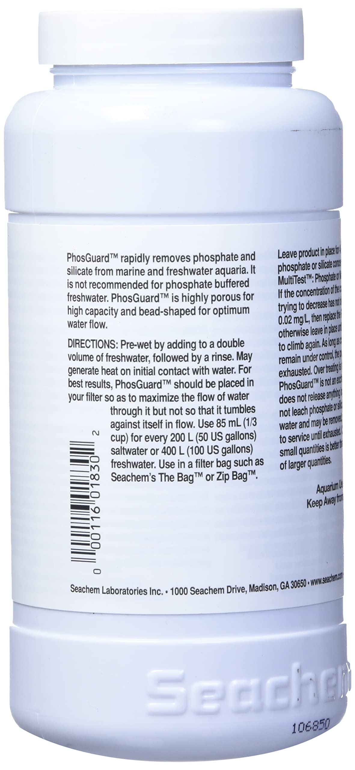 Seachem PhosGuard 500ml label closeup noting all stages use