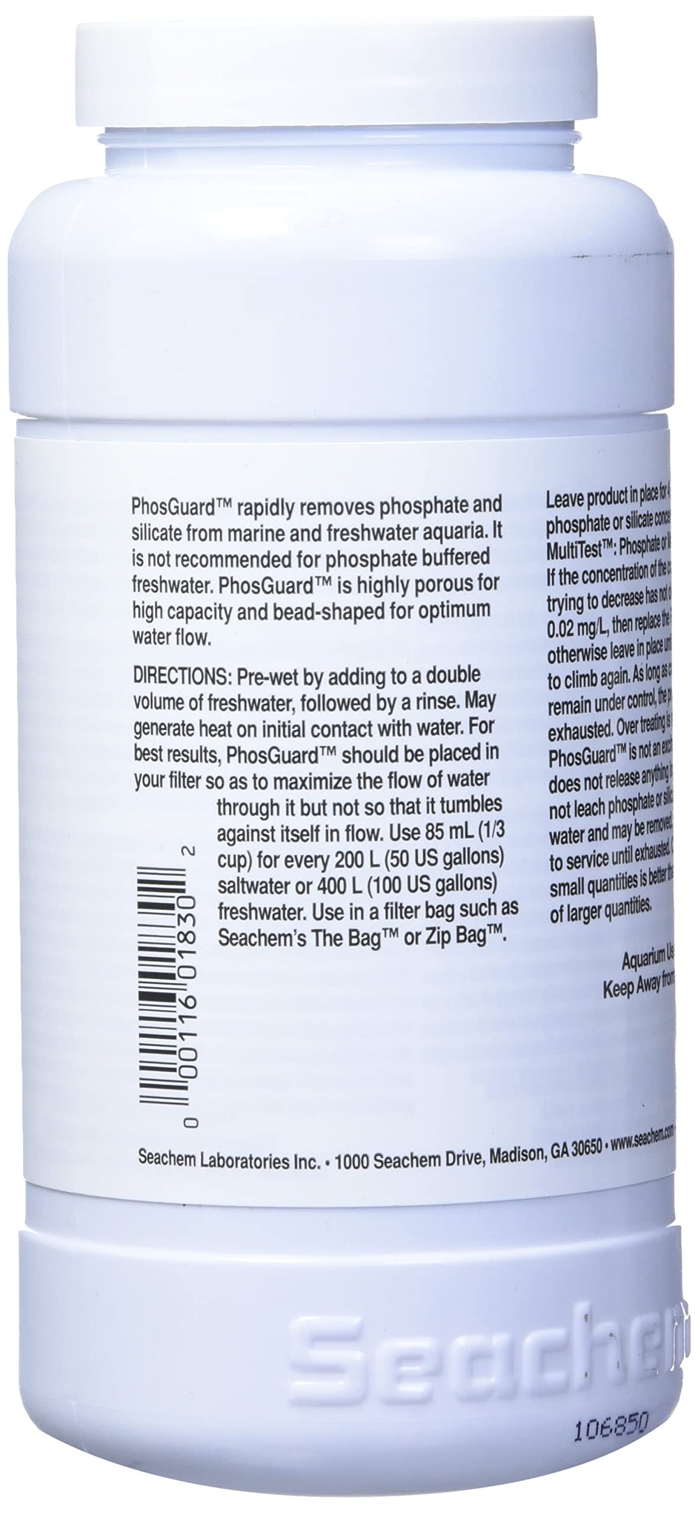 Seachem PhosGuard 500ml label closeup noting all stages use