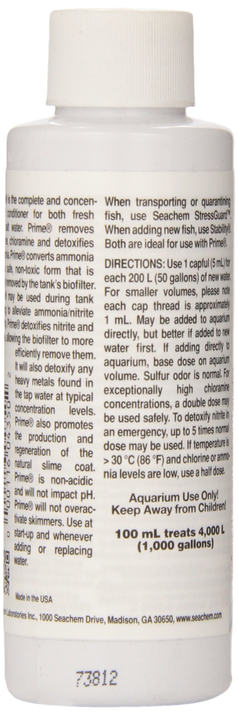 Seachem Prime label highlights detoxification and bio-filter support for tanks.