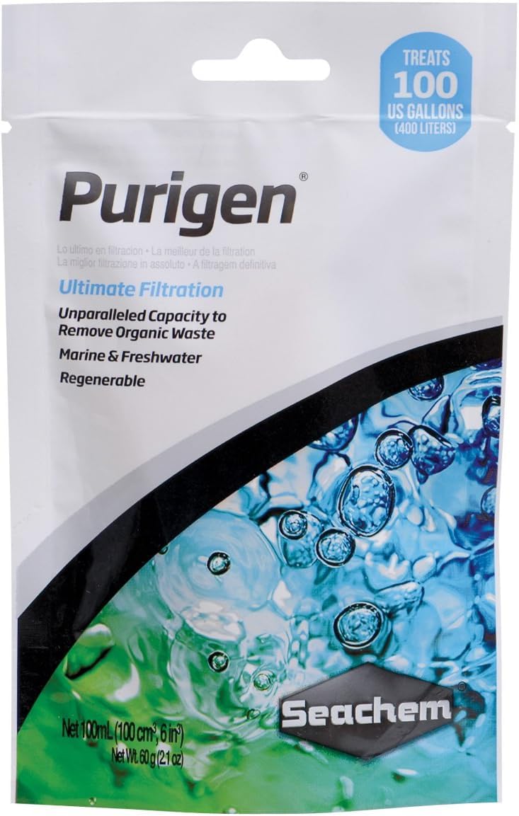Seachem Purigen 100 ml beads improve water clarity and reduce odors for aquarium use.