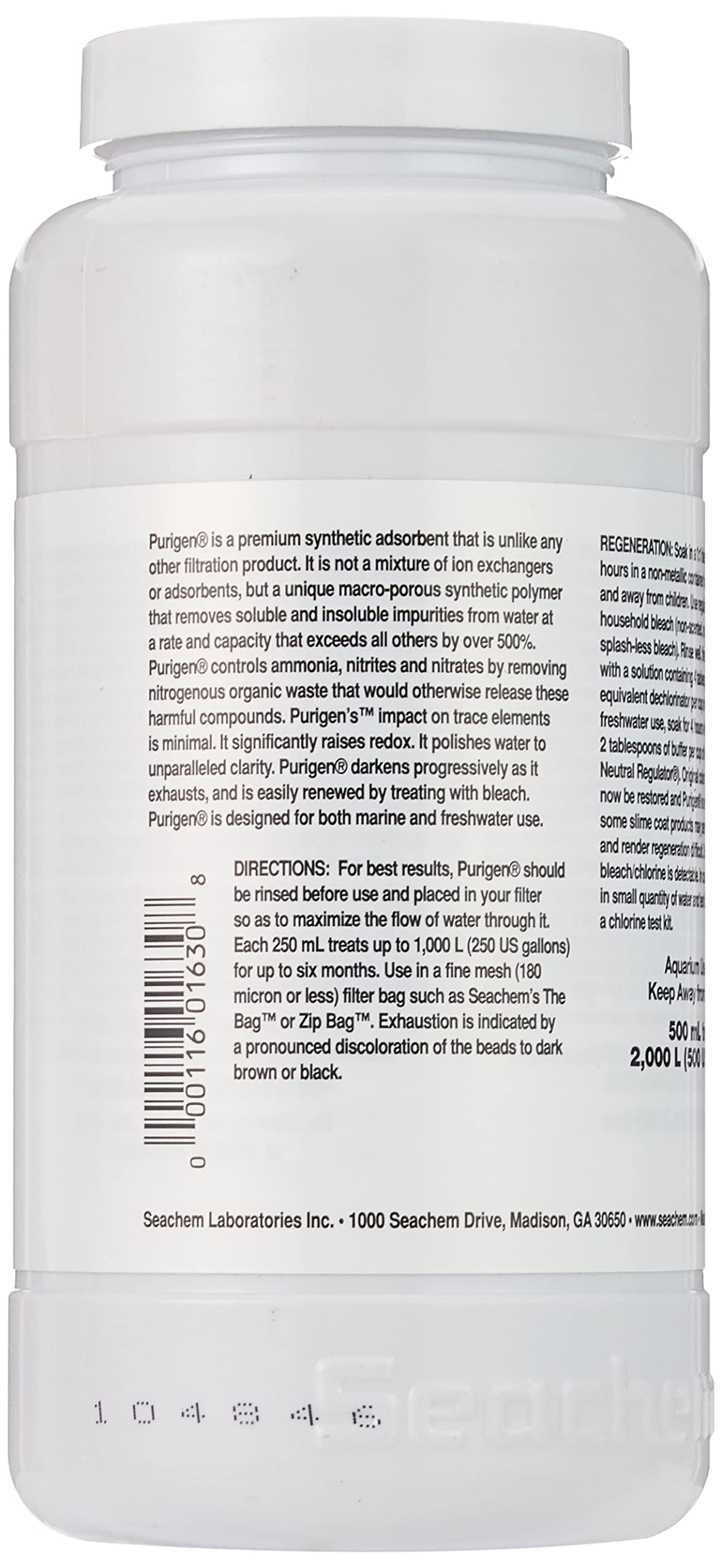 Seachem Purigen 500ml bottle on shelf demonstrates easy onboarding for improved water quality.
