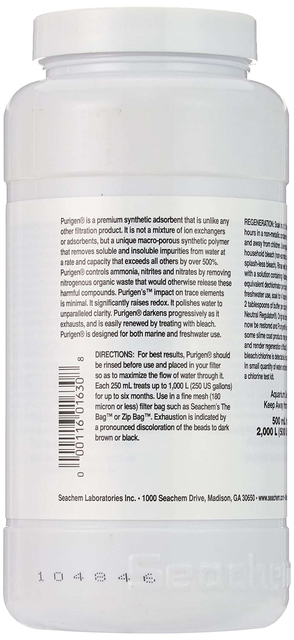 Seachem Purigen 500ml bottle on shelf demonstrates easy onboarding for improved water quality.