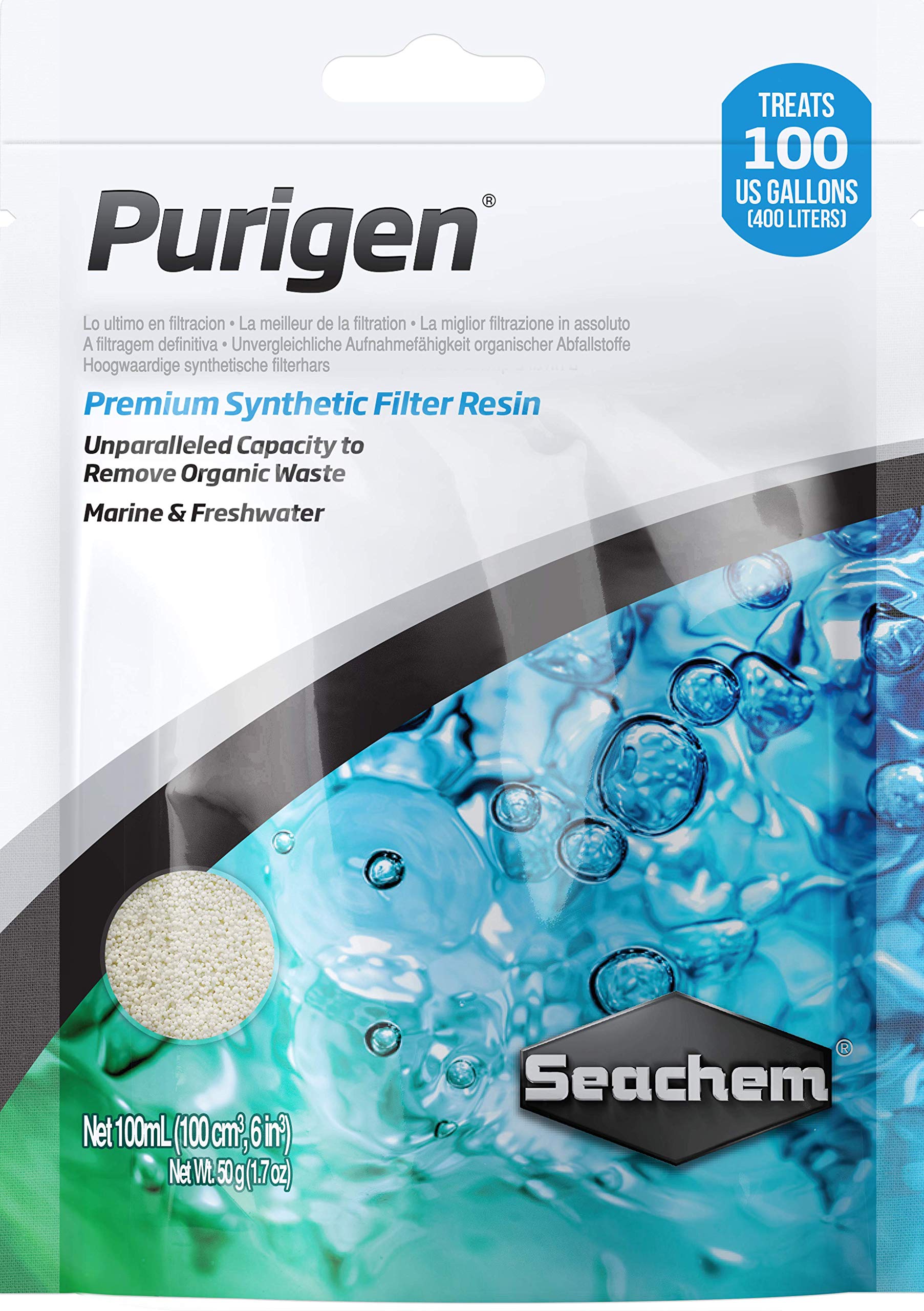 Seachem Purigen beads closeup for crystal-clear aquarium water and odor control.