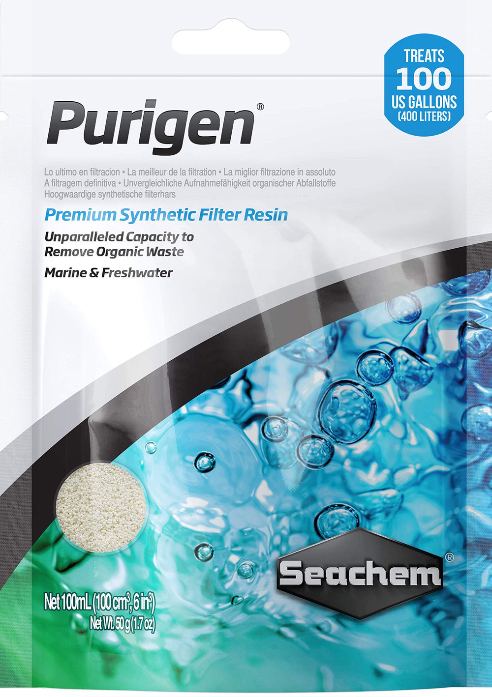 Seachem Purigen beads closeup for crystal-clear aquarium water and odor control.