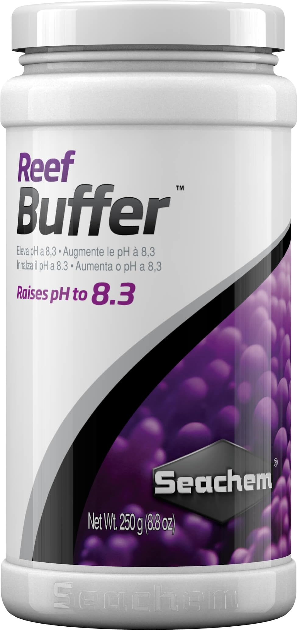 Seachem Reef Buffer 250g bottle raising reef pH toward 8.3 for stability.