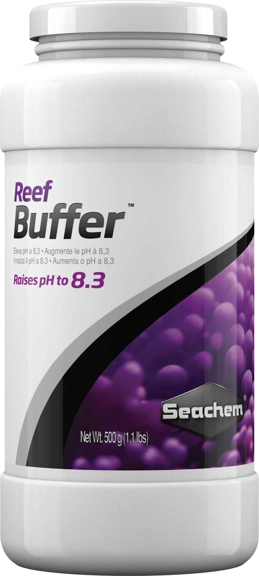 Seachem Reef Buffer bottle shows powder formula that helps stabilize reef tank pH.