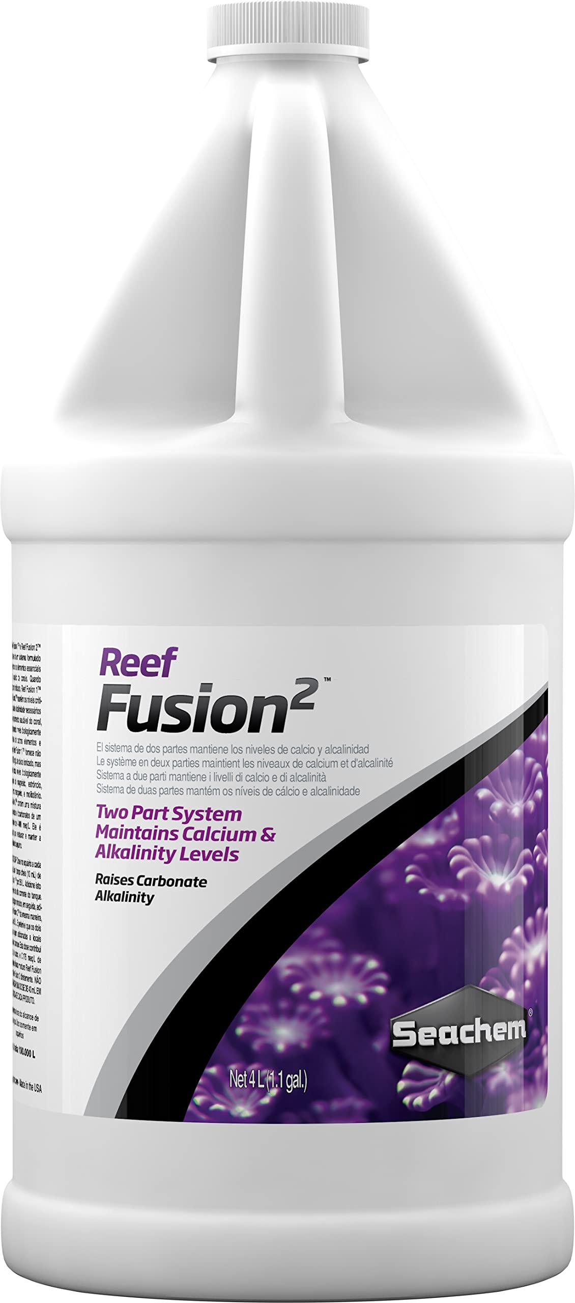 Seachem Reef Fusion calcium bottle pour demonstrates rapid calcium delivery for healthy corals.