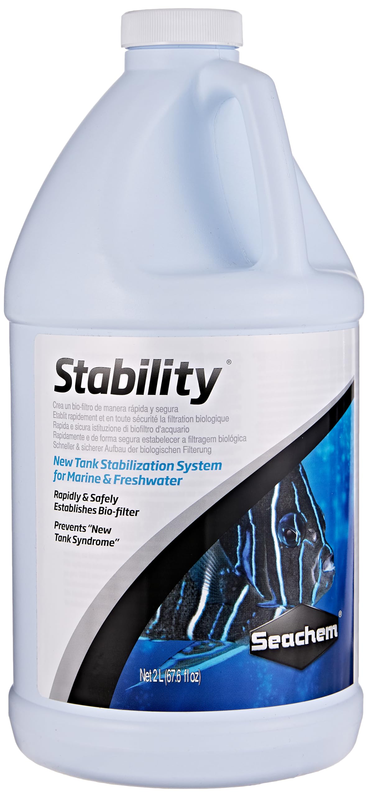 Seachem Stability bottle front showing fast biofilter establishment for freshwater and saltwater tanks.