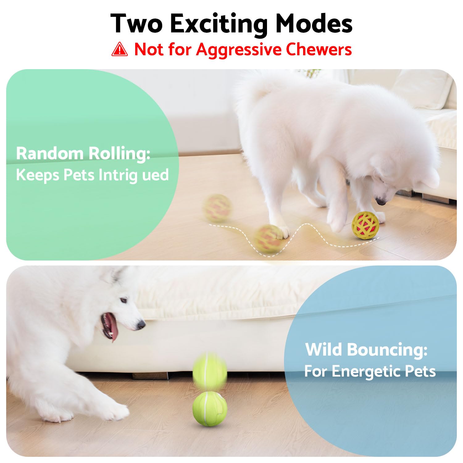 seagi interactive dog toy ball rolling mode demonstrated on hardwood floors.