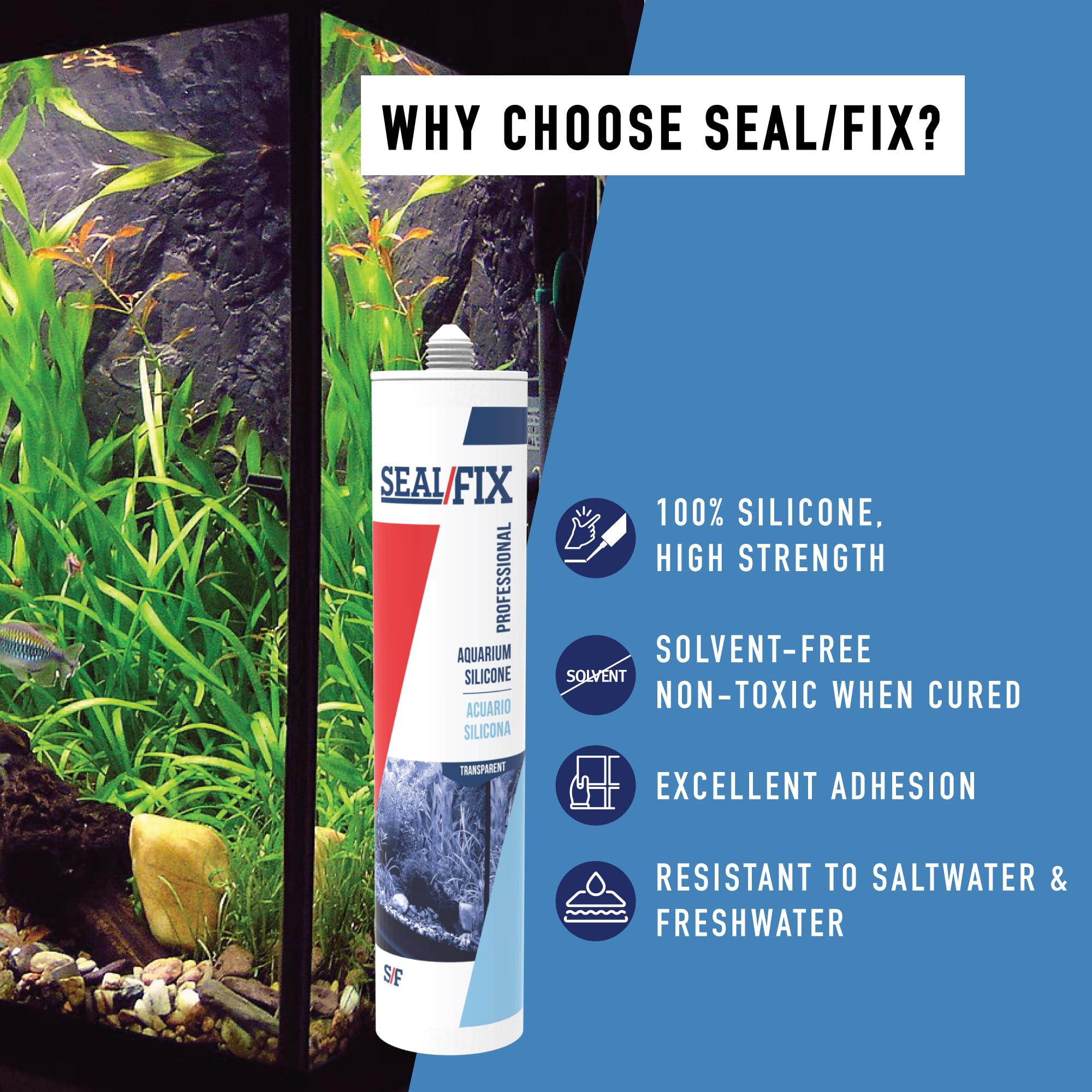 Seal Fix Aquarium Silicone Sealant Clear Application-Angle provides a smooth finish and easy application.