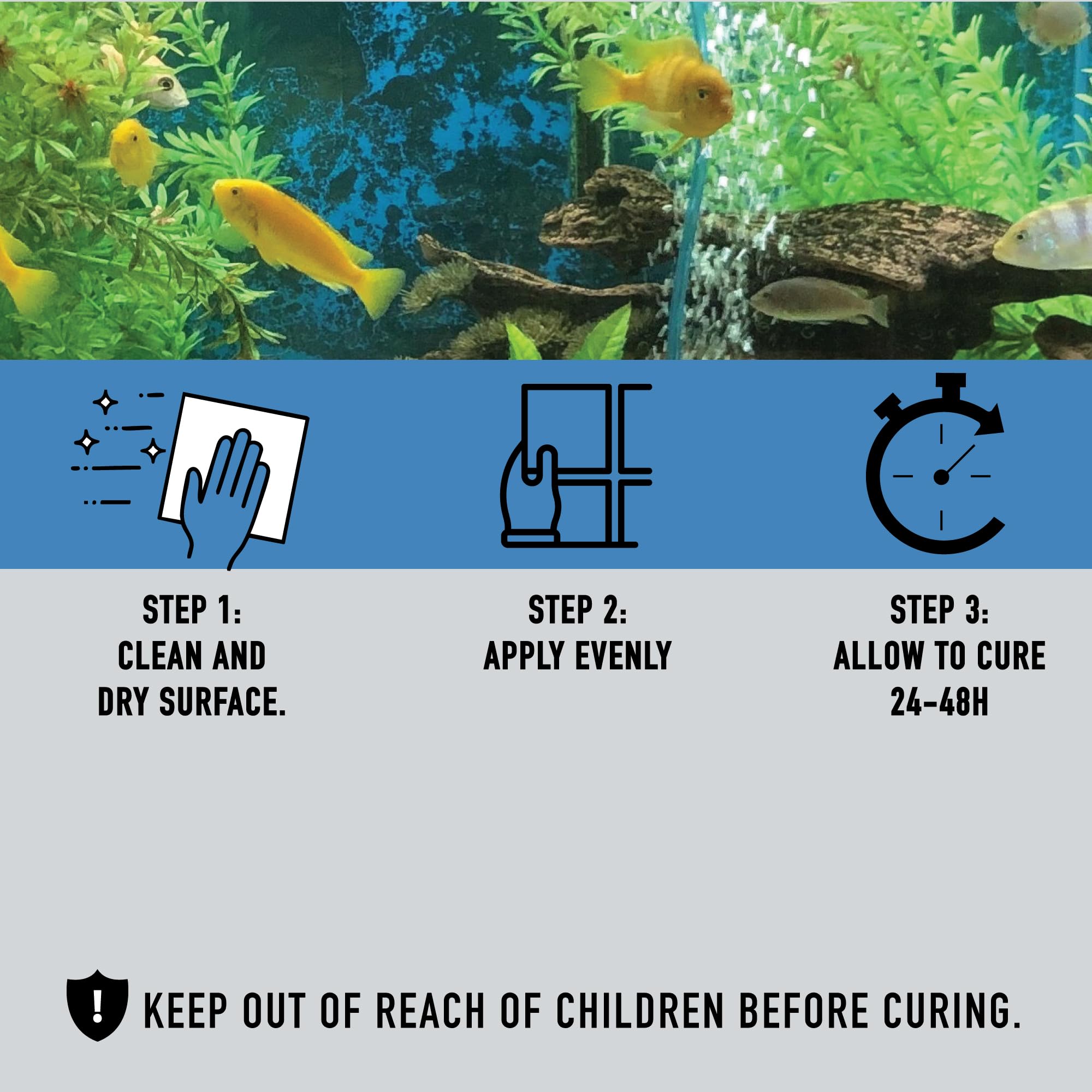 Seal Fix Aquarium Silicone Sealant Clear Cure-Time forms a skin quickly and cures in about 24 hours.
