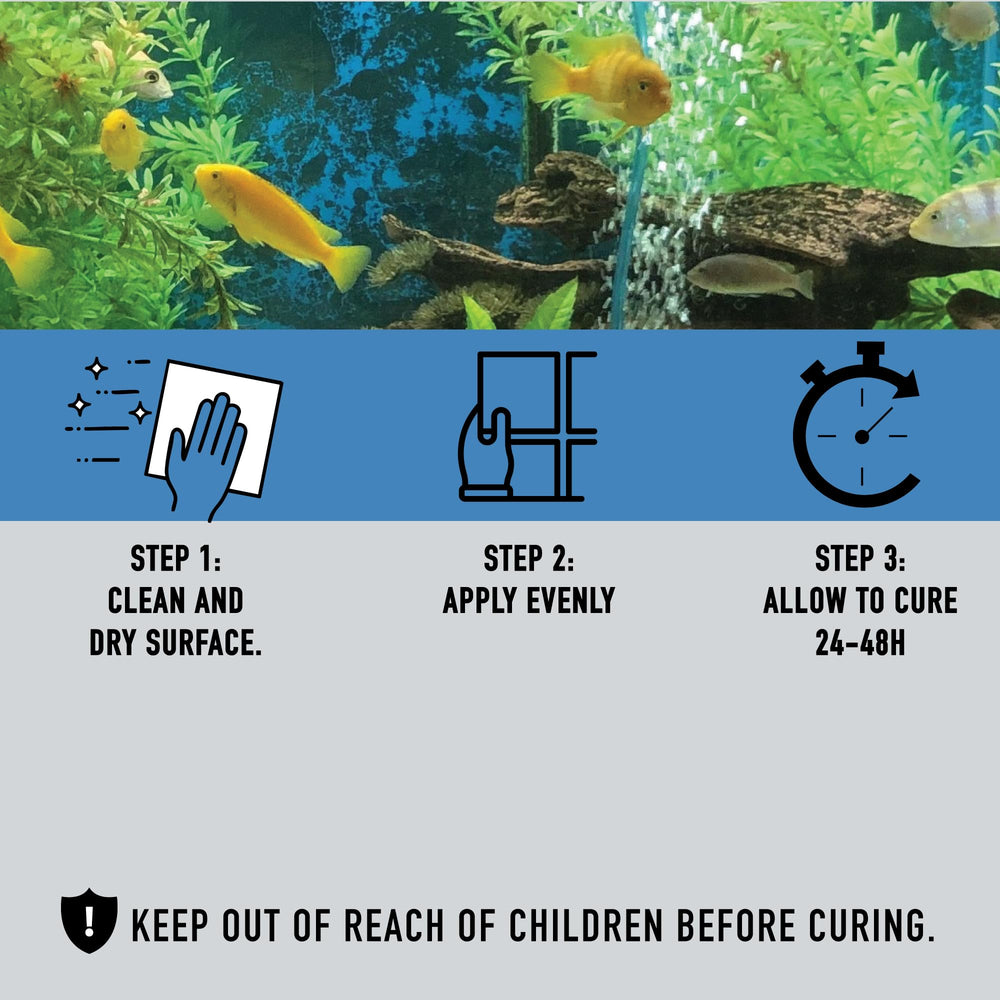 Seal Fix Aquarium Silicone Sealant Clear Cure-Time forms a skin quickly and cures in about 24 hours.