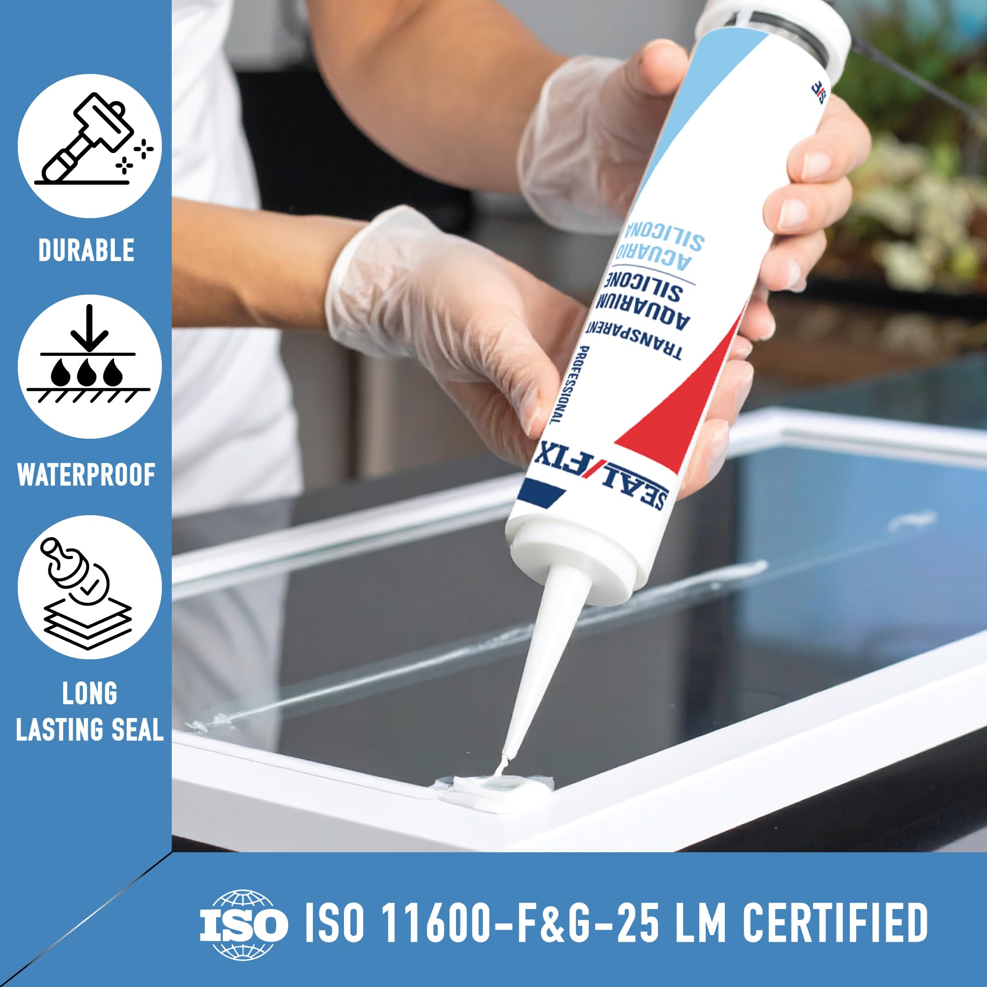 Seal Fix Aquarium Silicone Sealant Clear Flexible withstands temperature shifts and humidity.