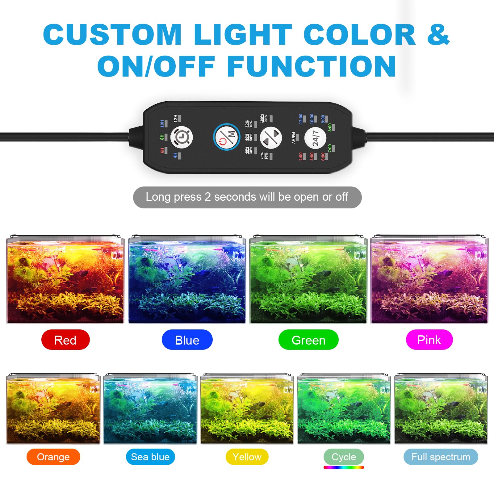 SEAOURA 24/7 cycle LED control panel image demonstrates easy brightness and timer adjustments.
