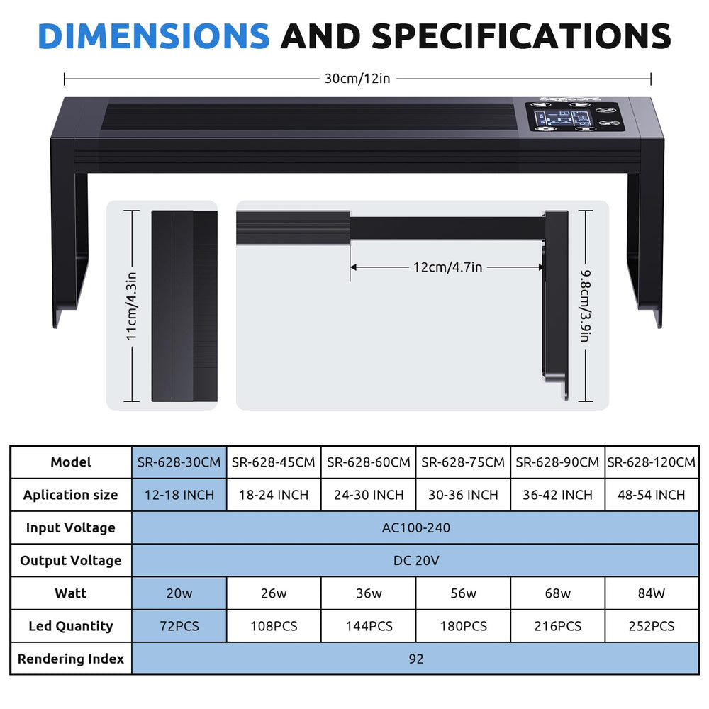 SEAOURA 24/7 LED aquarium light aluminum body aids heat dissipation for long term use.