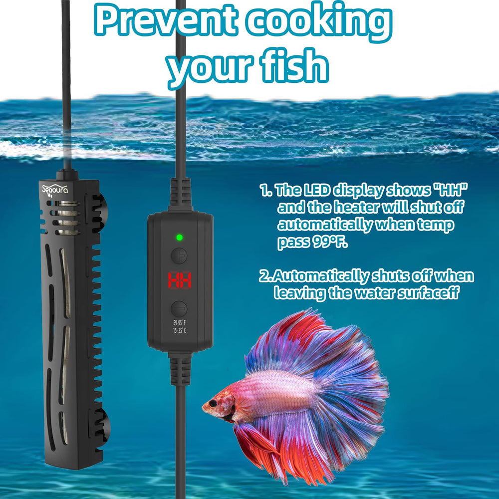 SEAOURA 7-20 gallon tank heater compatible with freshwater and saltwater setups.