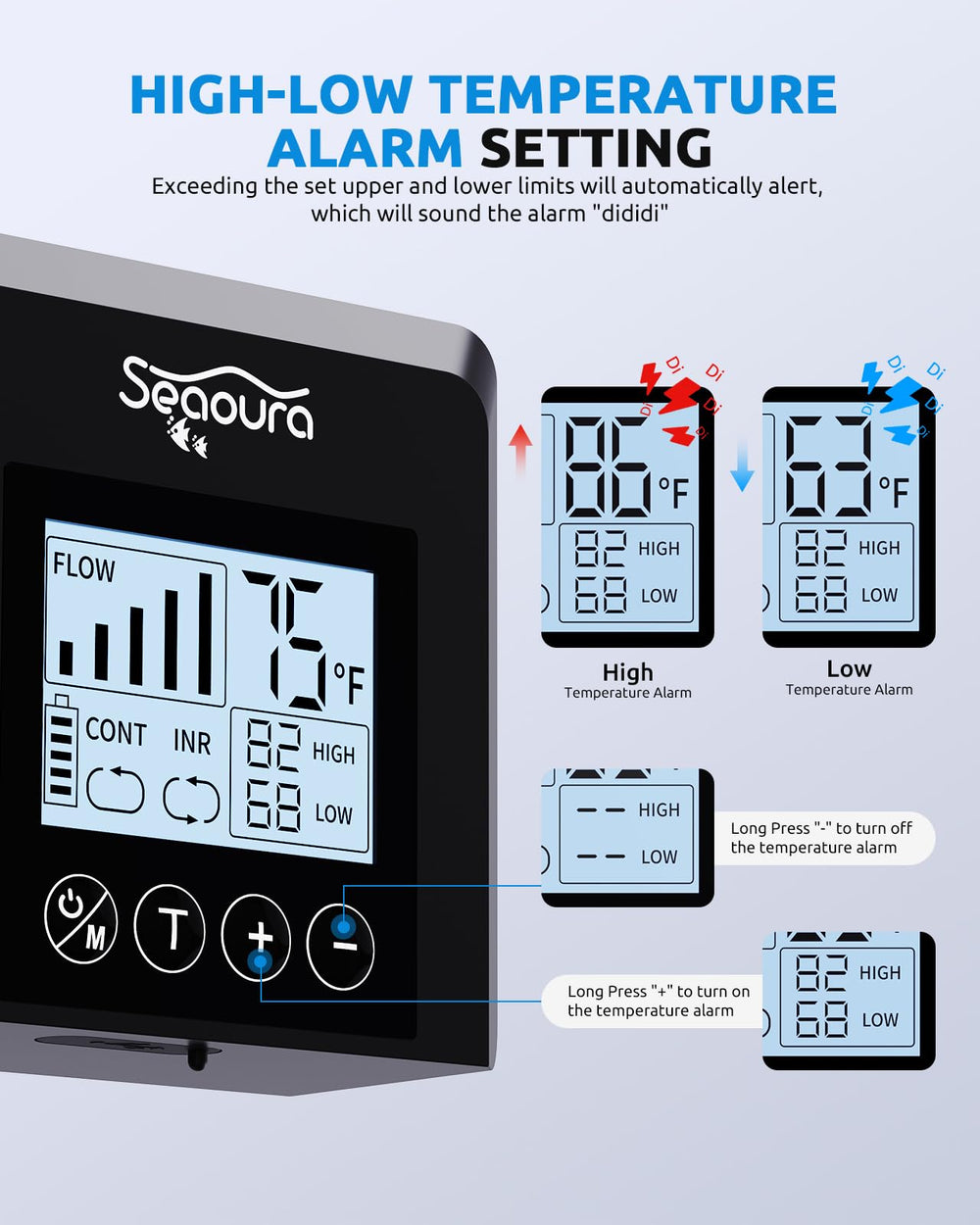 SEAOURA digital temperature display on aerator shows real-time readings.