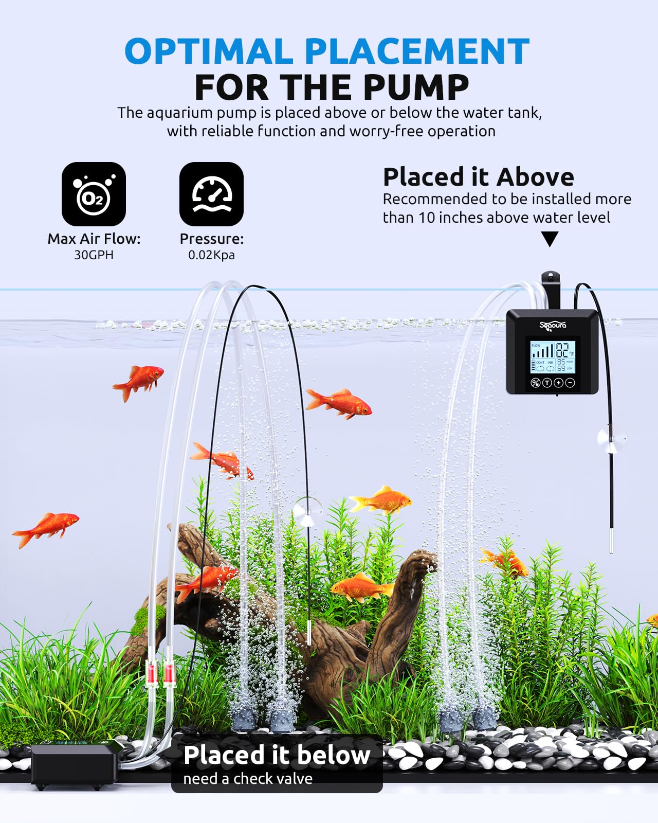 SEAOURA packaged accessories include air stones and tubes for easy setup.
