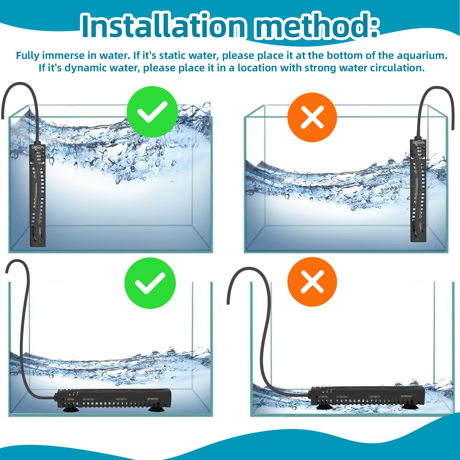 SEAOURA 50W 5-15 gallon heater supports safe operation for turtles and fish.